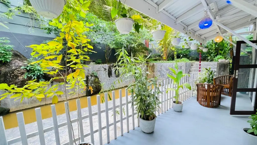 Wide covered veranda looking out over palms and potted plants